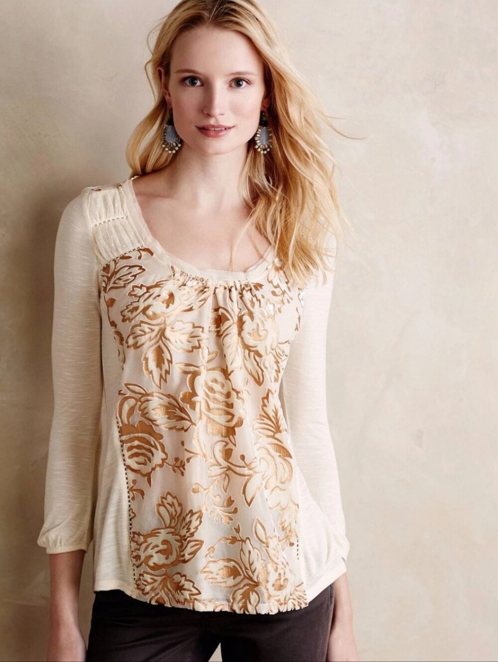 NWOT Anthropologie Meadow Rue Mariana Burnout Velvet Peasant Top Metallic Gold